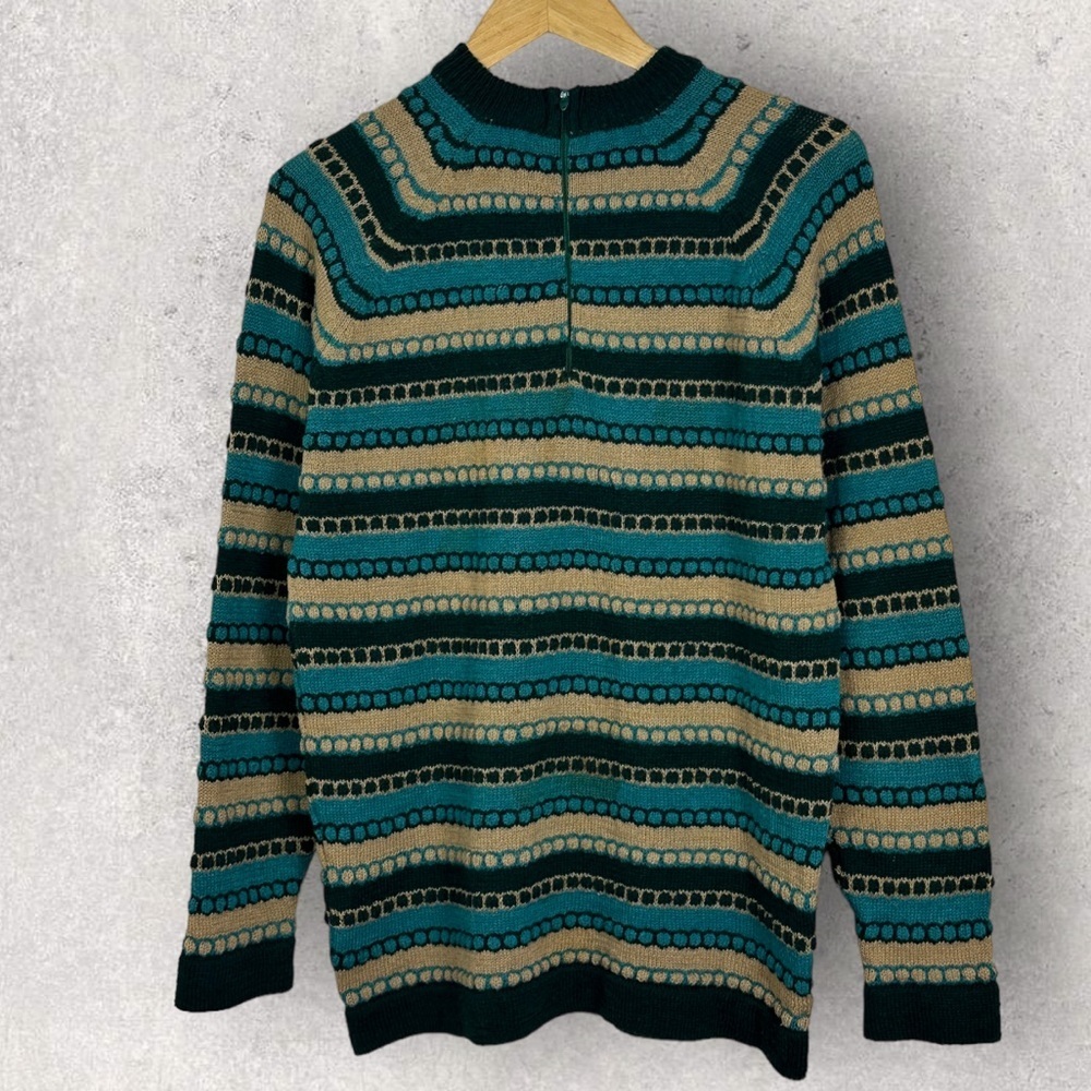 Vintage Wool Blend 3D Knit Sweater Pullover Green Teal Brown Stripe Large Zipper - Picture 4 of 11